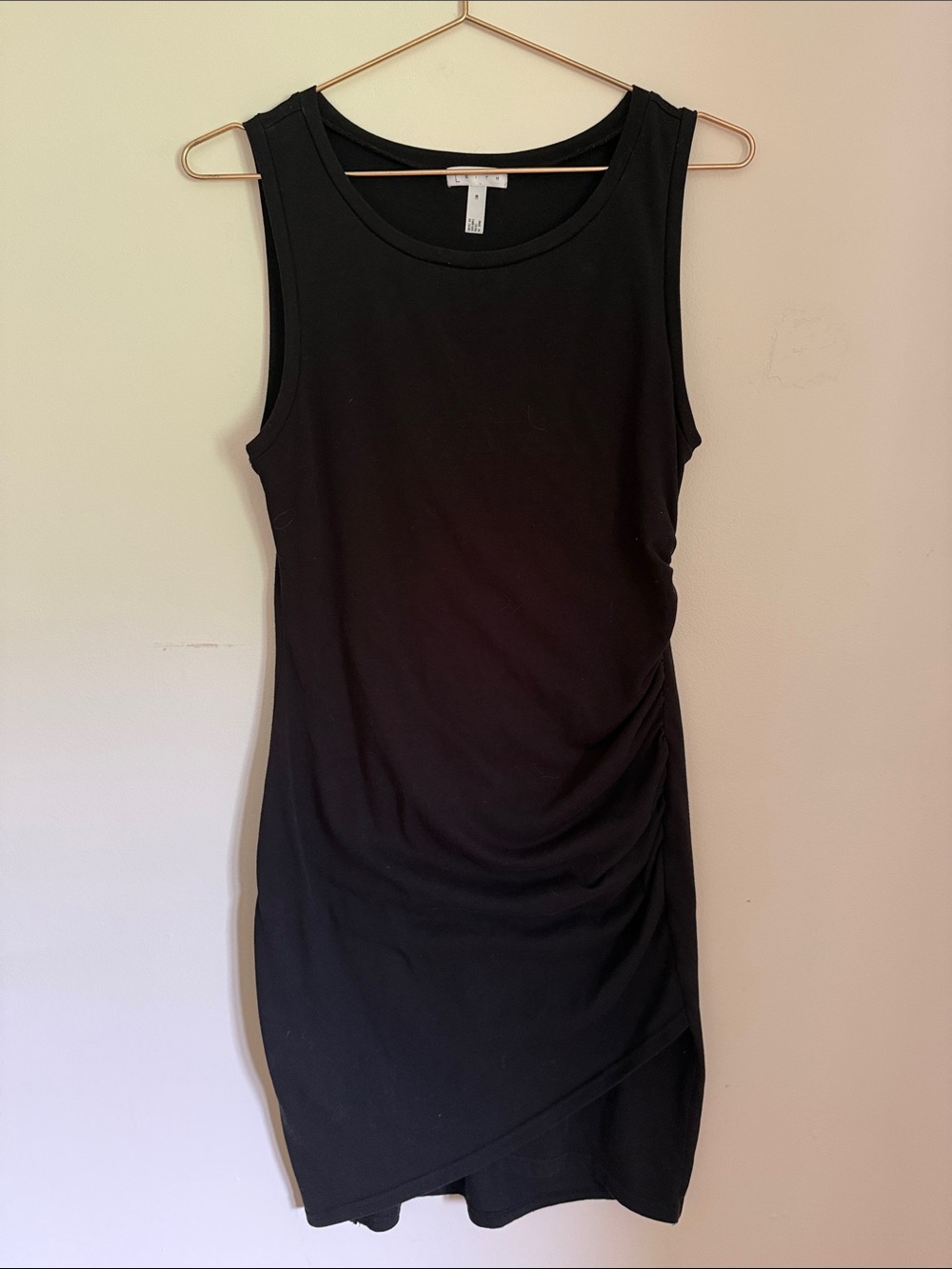 Black Sleeveless Ruched Asymmetrical Hem Dress - Brand: